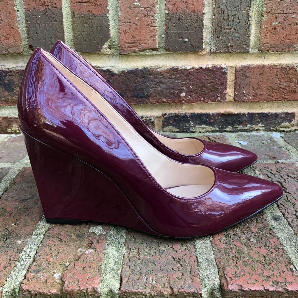 Maroon patent wedges